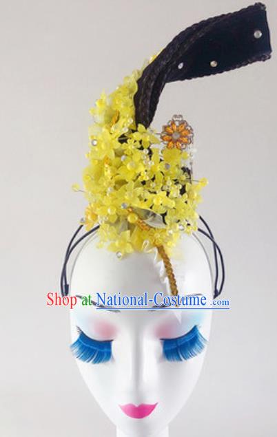 China Traditional Classical Dance Yellow Flowers Hair Accessories Handmade Beauty Dance Wigs Chignon