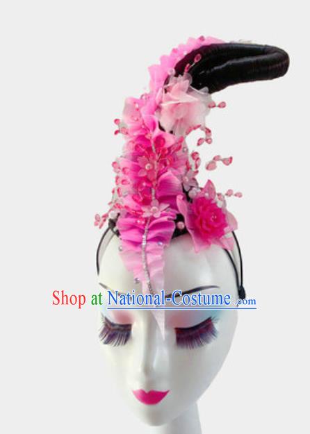 China Handmade Umbrella Dance Wigs Chignon Traditional Classical Dance Pink Flowers Hair Clasp