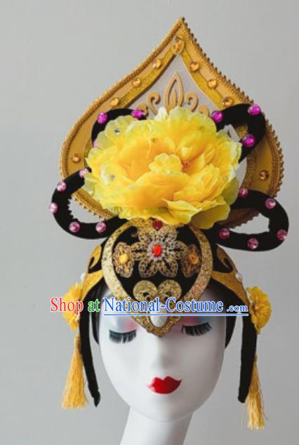 China Handmade Classical Dance Wigs Chignon Traditional Stage Performance Goddess Yellow Peony Hair Accessories