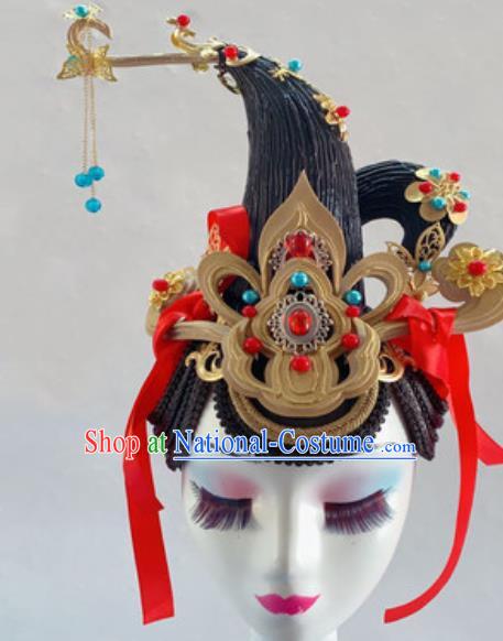 China Traditional Fairy Dance Headdress Handmade Classical Dance Stage Performance Wigs Chignon Headwear