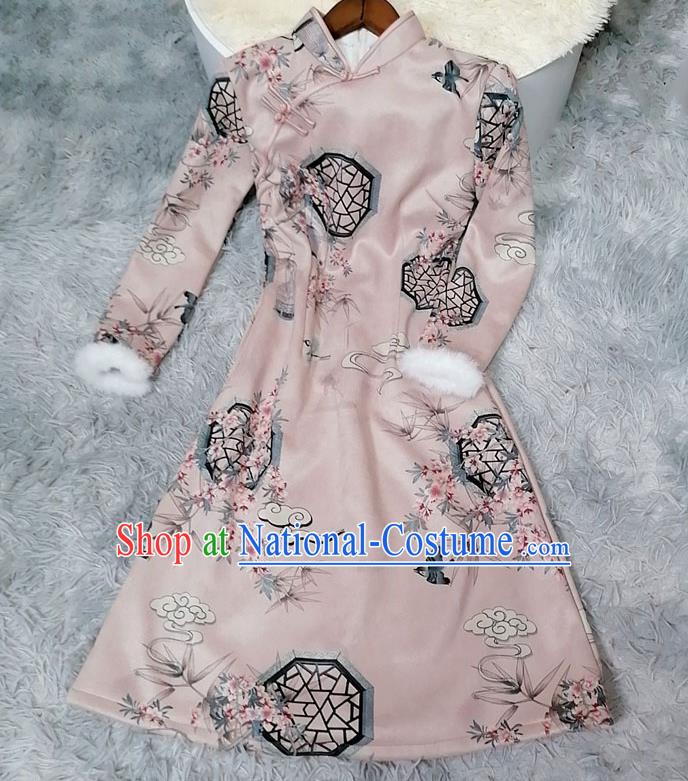 Chinese Classical Printing Plum Bamboo Pink Qipao Dress Traditional Winter Women Cheongsam