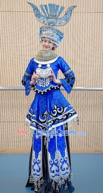 Chinese Miao Nationality Minority Stage Performance Costumes Ethnic Wedding Bride Royalblue Dress Outfits