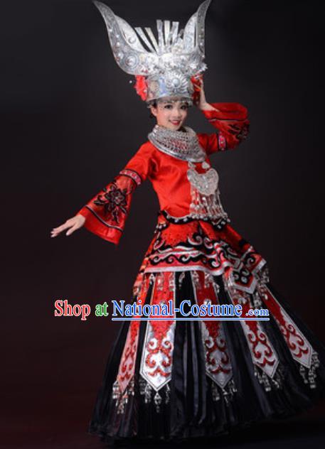 Chinese Ethnic Wedding Bride Red Dress Outfits Miao Nationality Minority Stage Performance Costumes