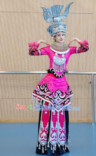 Chinese Miao Nationality Minority Wedding Bride Costumes Ethnic Folk Dance Rosy Dress Outfits