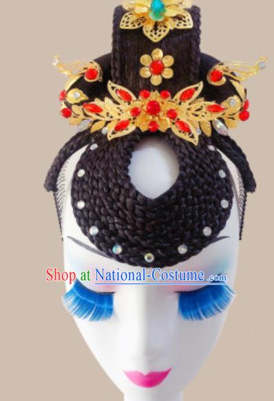 China Handmade Classical Dance Hair Clasp Traditional Stage Performance Wigs Chignon Headpiece