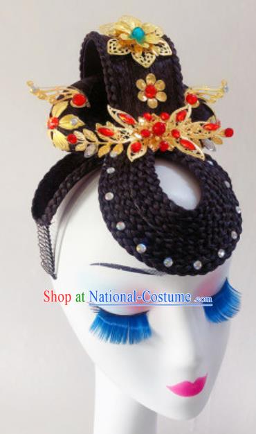 China Handmade Classical Dance Hair Clasp Traditional Stage Performance Wigs Chignon Headpiece