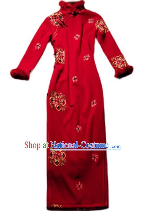 Chinese Traditional Wedding Cheongsam Bride Toast Clothing Classical Winter Red Qipao Dress