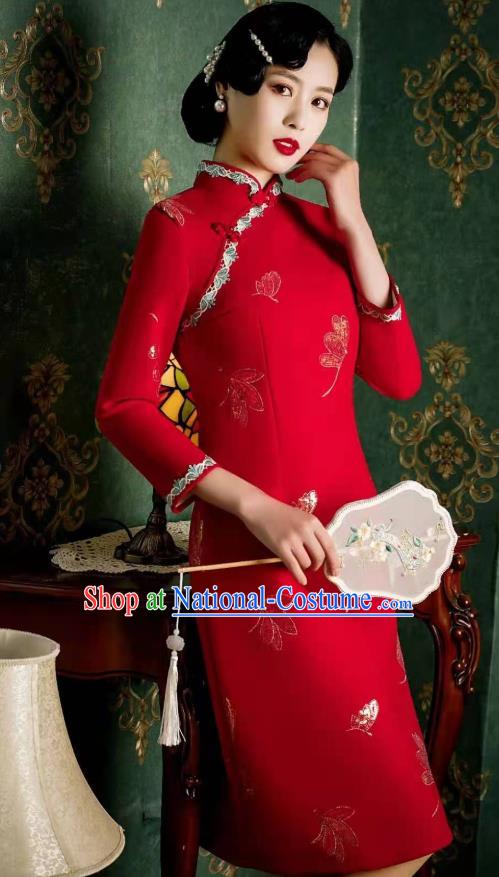 Chinese Classical Dragonfly Pattern Red Qipao Dress Traditional Wedding Cheongsam Bride Toast Clothing