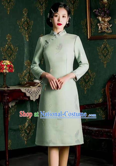 Chinese Traditional Cheongsam Classical Dragonfly Pattern Light Blue Qipao Dress