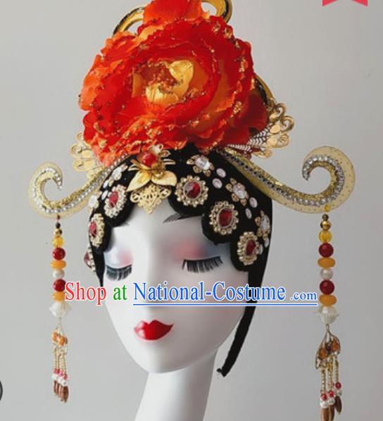 China Traditional Opening Dance Headdress Stage Performance Red Peony Hair Crown