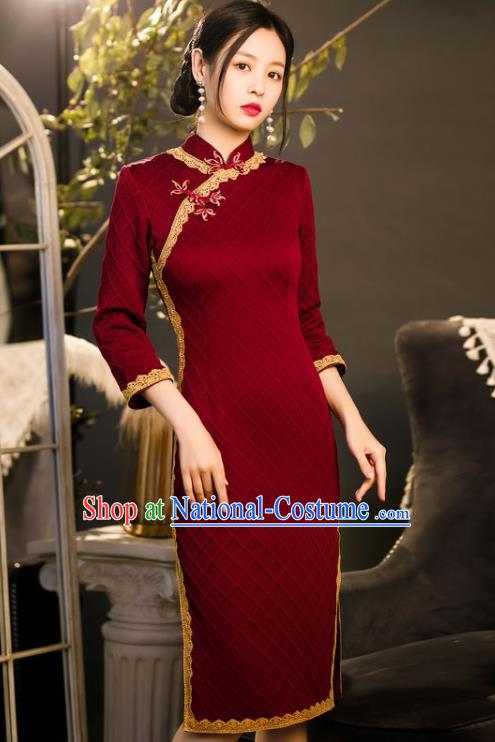 Chinese Traditional Wine Red Knitted Cheongsam Classical Wedding Women Qipao Dress