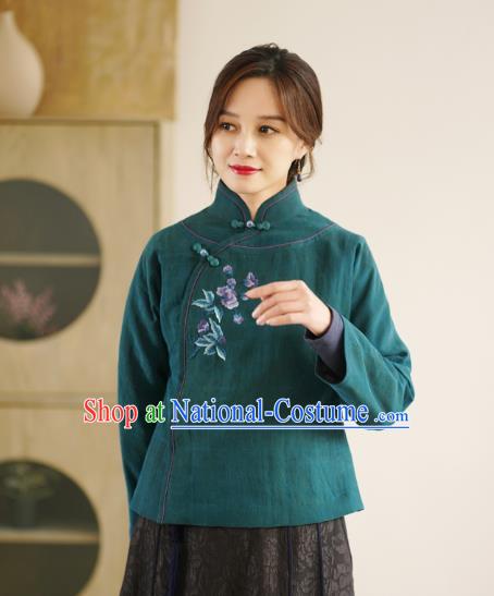 China National Green Jacket Winter Women Clothing Tang Suit Embroidered Short Coat