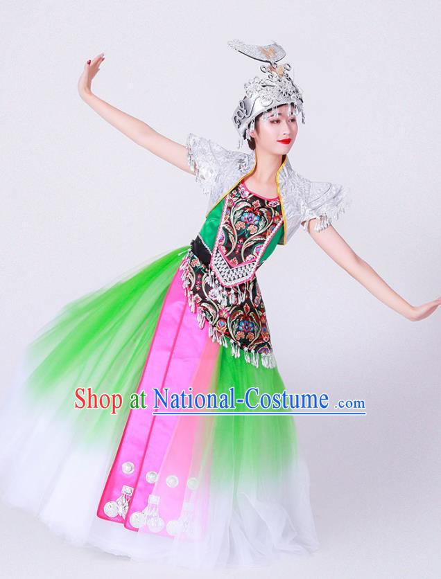 Chinese Ethnic Woman Stage Performance Green Dress Outfits Miao Nationality Minority Folk Dance Costumes