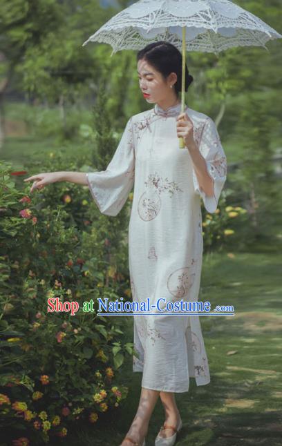 Chinese Traditional Wide Sleeve Cheongsam Clothing National Printing Beige Flax Qipao Dress