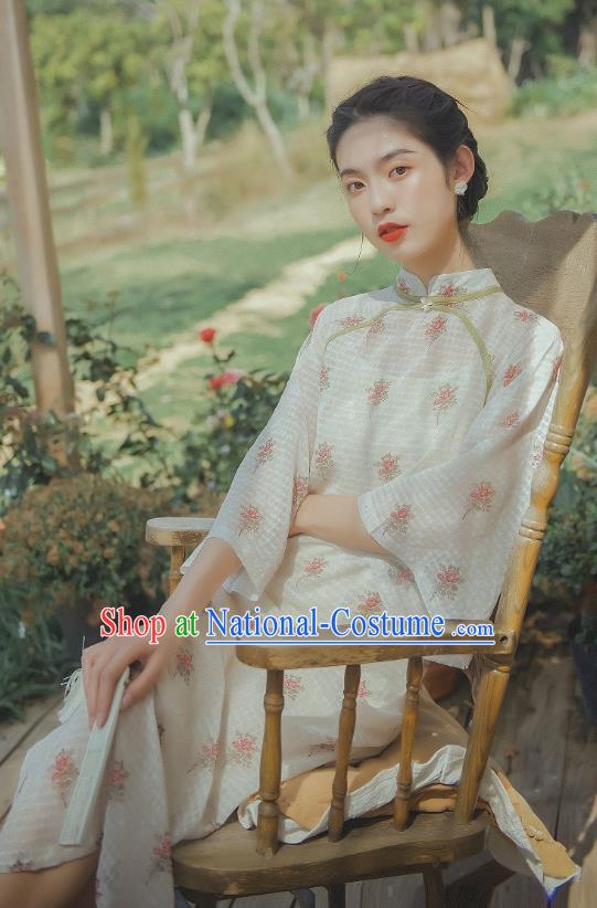 Chinese Traditional Wide Sleeve Cheongsam Clothing National Printing White Chiffon Qipao Dress