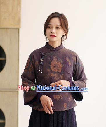 China Winter Women Clothing Tang Suit Short Coat  National Classical Peony Pattern Dark Purple Jacket