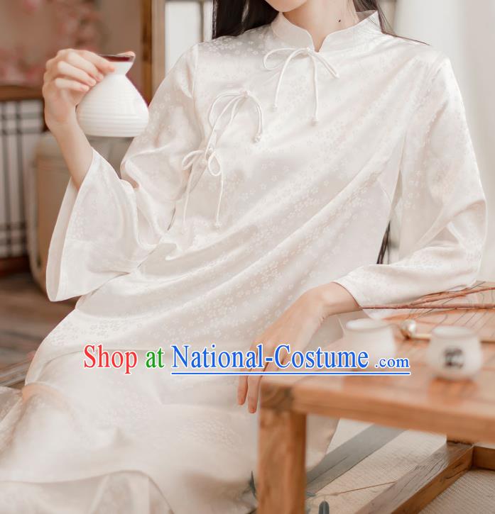 Chinese Traditional Slant Opening Cheongsam Clothing National White Silk Qipao Dress