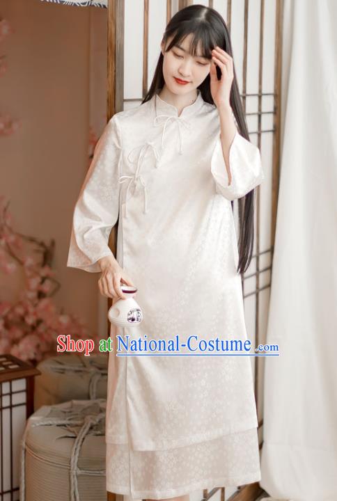 Chinese Traditional Slant Opening Cheongsam Clothing National White Silk Qipao Dress