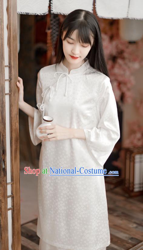 Chinese Traditional Slant Opening Cheongsam Clothing National White Silk Qipao Dress