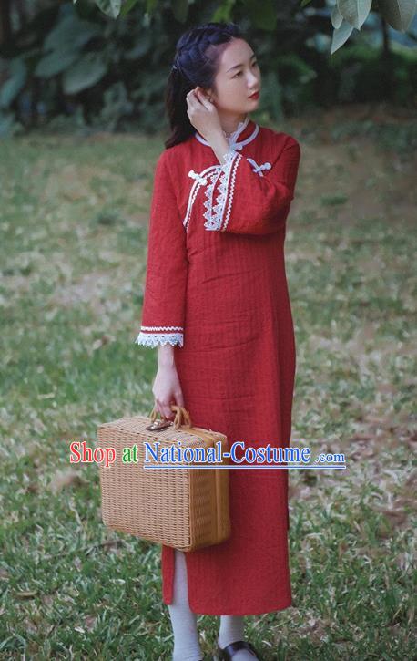 Chinese Traditional Lace Sleeve Red Cheongsam Clothing National Shanghai Young Girl Qipao Dress