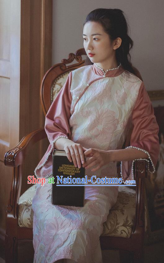 Chinese Traditional Wide Sleeve Cheongsam Clothing National Pink Corduroy Qipao Dress