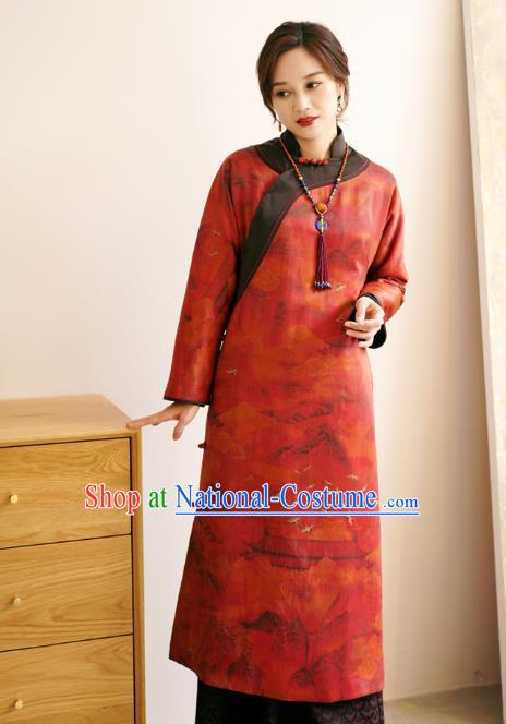 China Female Gambiered Guangdong Gauze Long Cheongsam Red Silk Qipao Dress