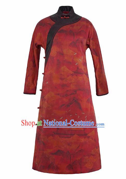 China Female Gambiered Guangdong Gauze Long Cheongsam Red Silk Qipao Dress