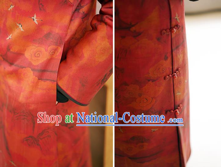 China Female Gambiered Guangdong Gauze Long Cheongsam Red Silk Qipao Dress