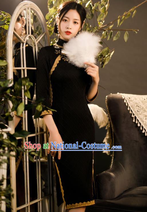 Chinese Classical Dance Women Qipao Dress Traditional Knitted Black Cheongsam