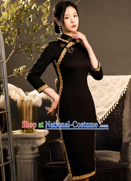 Chinese Classical Dance Women Qipao Dress Traditional Knitted Black Cheongsam