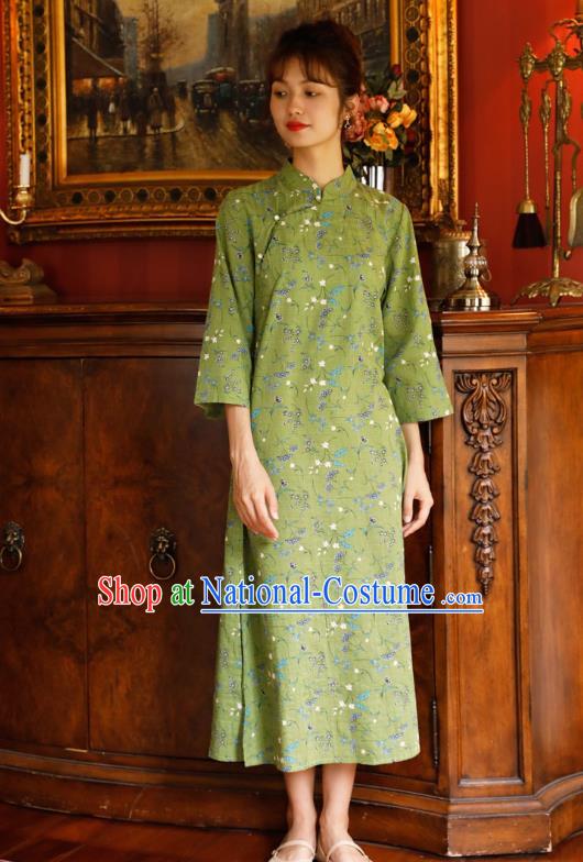 Chinese Zen Clothing Traditional Young Lady Cheongsam National Green Flax Qipao Dress