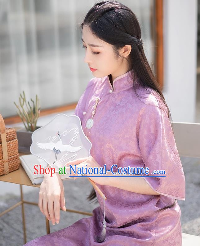 Chinese Traditional Clothing Purple Brocade Cheongsam National Young Lady Qipao Dress