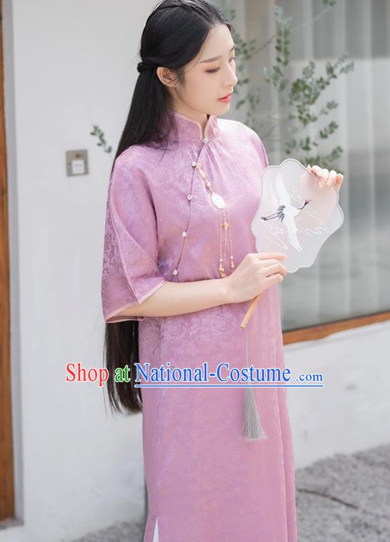 Chinese Traditional Clothing Purple Brocade Cheongsam National Young Lady Qipao Dress