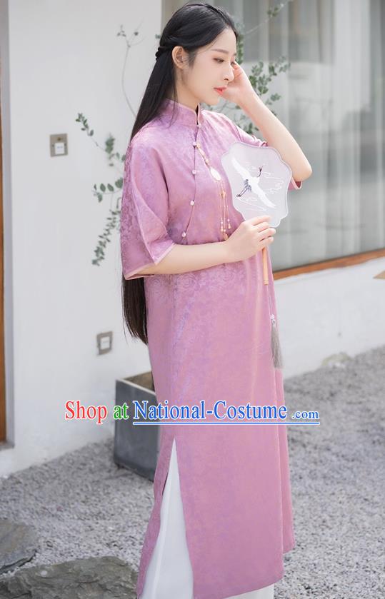 Chinese Traditional Clothing Purple Brocade Cheongsam National Young Lady Qipao Dress