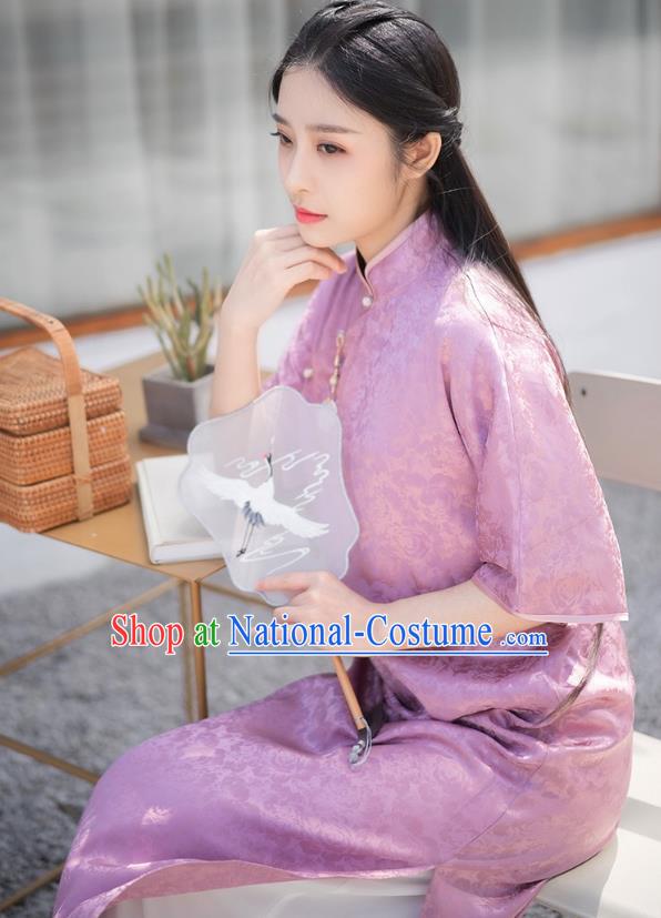 Chinese Traditional Clothing Purple Brocade Cheongsam National Young Lady Qipao Dress