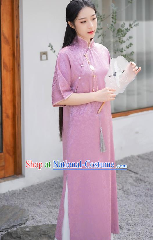 Chinese Traditional Clothing Purple Brocade Cheongsam National Young Lady Qipao Dress