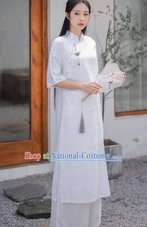 Chinese National Young Lady Qipao Dress Traditional Clothing White Brocade Cheongsam