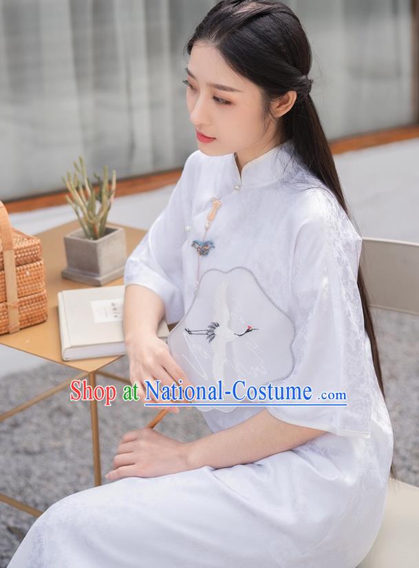 Chinese National Young Lady Qipao Dress Traditional Clothing White Brocade Cheongsam