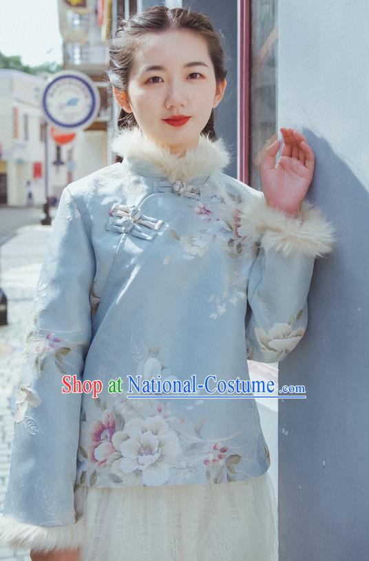 China Traditional Tang Suit Embroidered Blue Cotton Wadded Jacket Classical Cheongsam Outer Garment