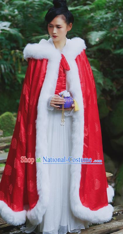 Chinese Traditional Winter Red Satin Long Cape Ancient Princess Cloak Clothing