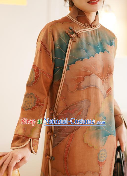 China Women Winter Silk Clothing Tang Suit Outer Garment National Hand Painting Lotus Brown Dust Coat