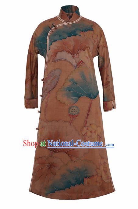 China Women Winter Silk Clothing Tang Suit Outer Garment National Hand Painting Lotus Brown Dust Coat