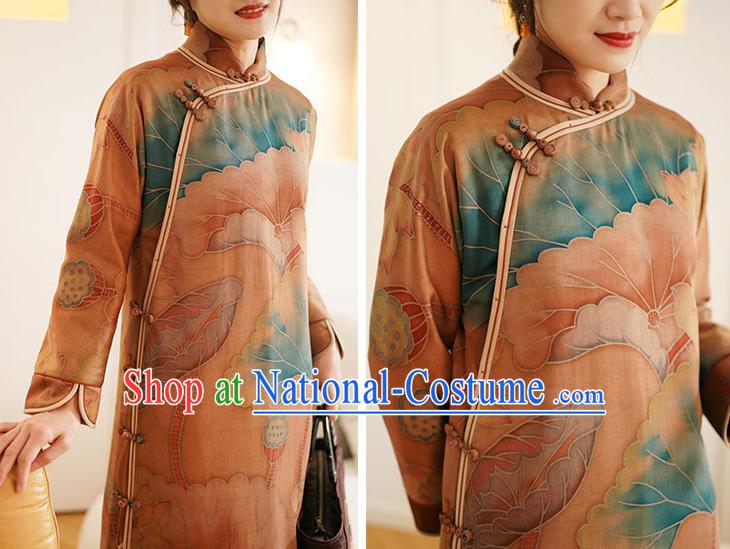 China Women Winter Silk Clothing Tang Suit Outer Garment National Hand Painting Lotus Brown Dust Coat