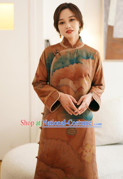 China Women Winter Silk Clothing Tang Suit Outer Garment National Hand Painting Lotus Brown Dust Coat