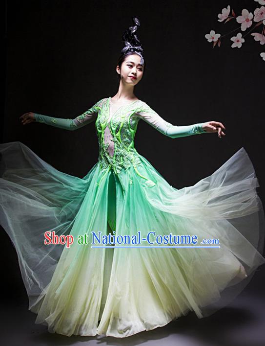 China Woman Solo Dance Costume Traditional Modern Dance Stage Performance Green Dress