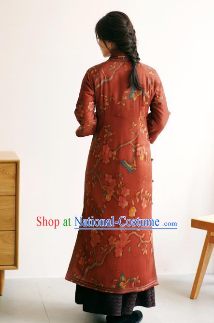 China Long Cheongsam Classical Pear Blossom Pattern Red Silk Qipao Dress