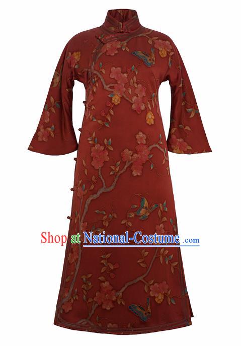 China Long Cheongsam Classical Pear Blossom Pattern Red Silk Qipao Dress