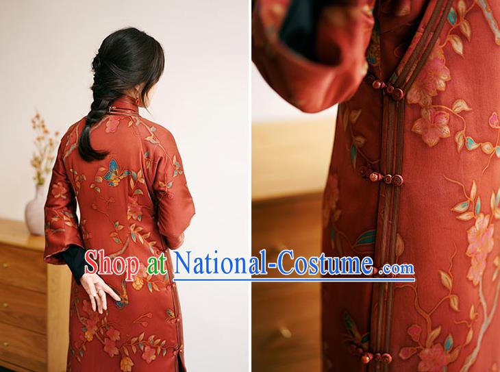 China Long Cheongsam Classical Pear Blossom Pattern Red Silk Qipao Dress