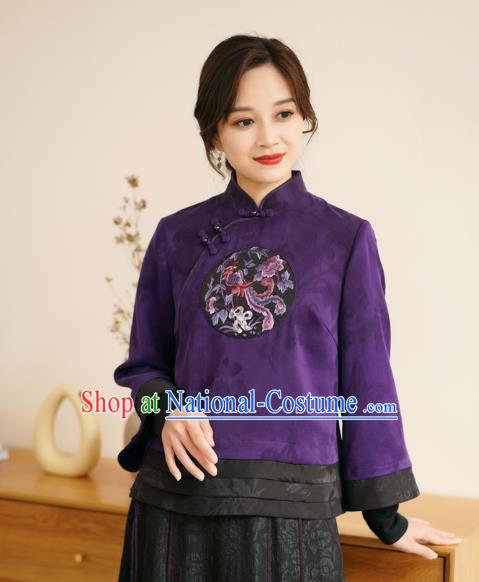 China Women Short Coat Tang Suit Outer Garment National Embroidered Phoenix Purple Silk Jacket