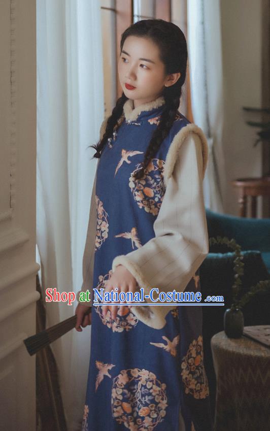 Chinese Traditional Winter Printing Blue Woolen Cheongsam Clothing National Young Lady Sleeveless Qipao Dress